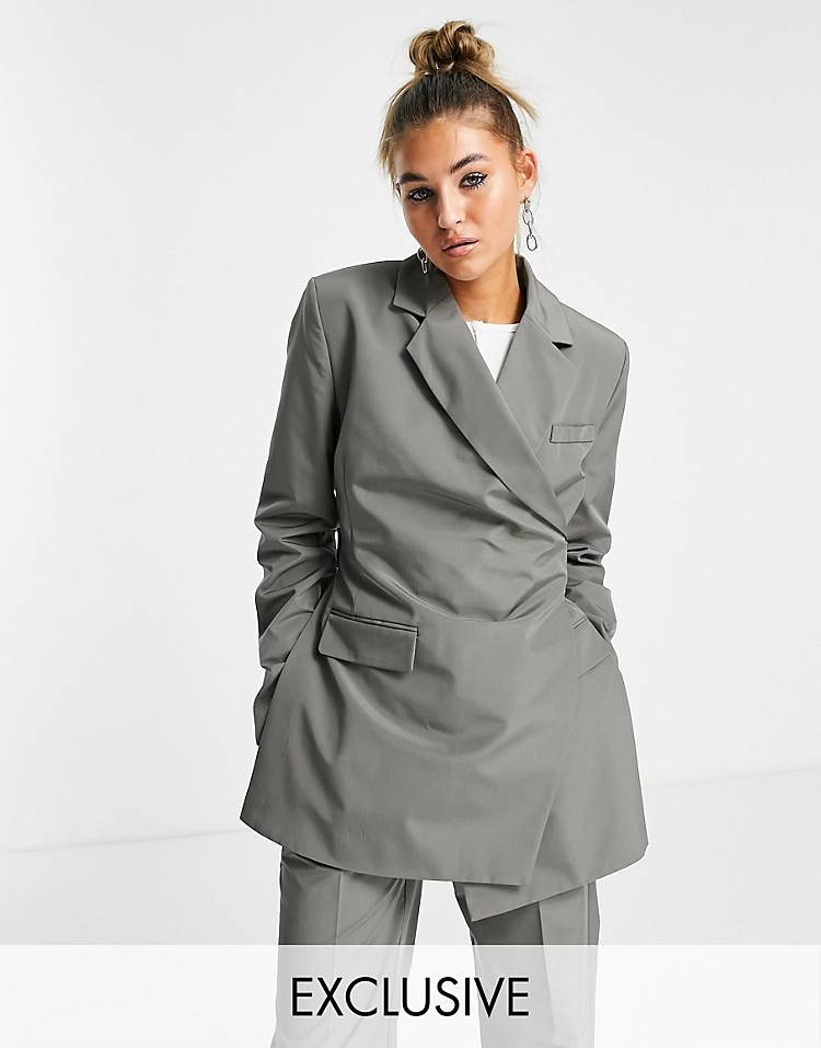 COLLUSION asymmetric Y2K nylon tech wrap blazer in gray - part of a set